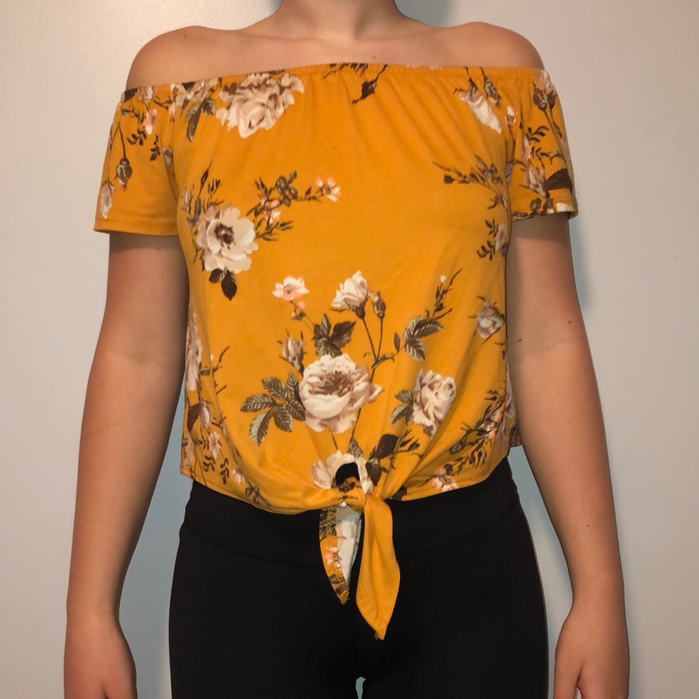 mustard yellow off the shoulder shirt